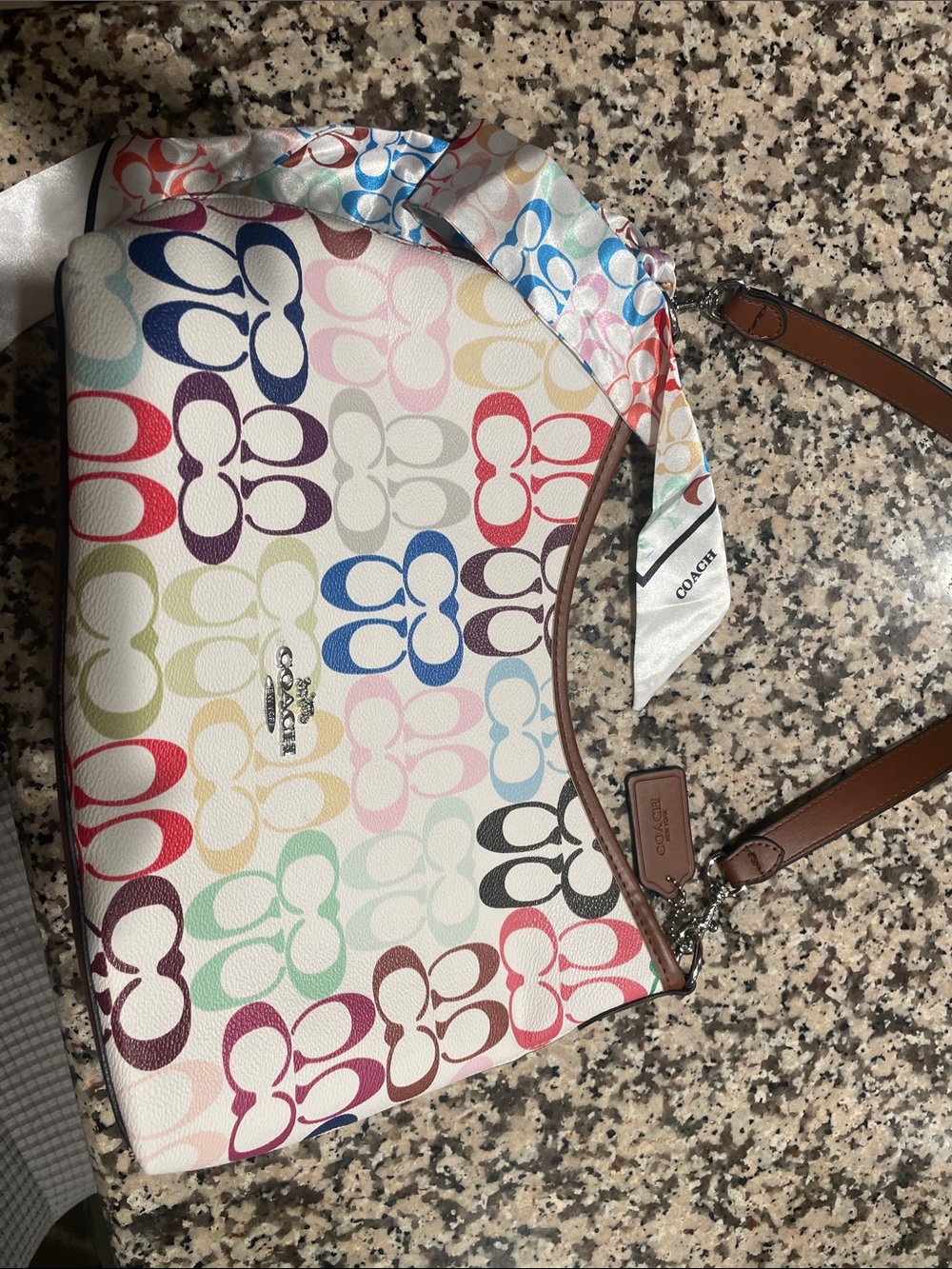 Coach Multicolor Signature Print Shoulder Bag with Brown Trim